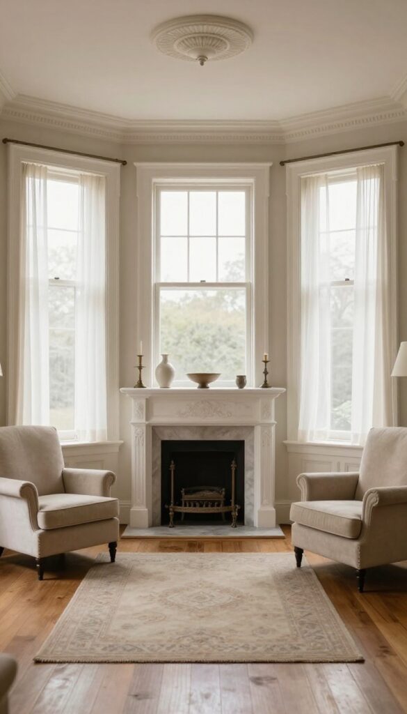 Bright Victorian living room with an ornate marble fireplace as the focal point, styled mantel, symmetrical armchairs, and tall windows with sheer curtains.