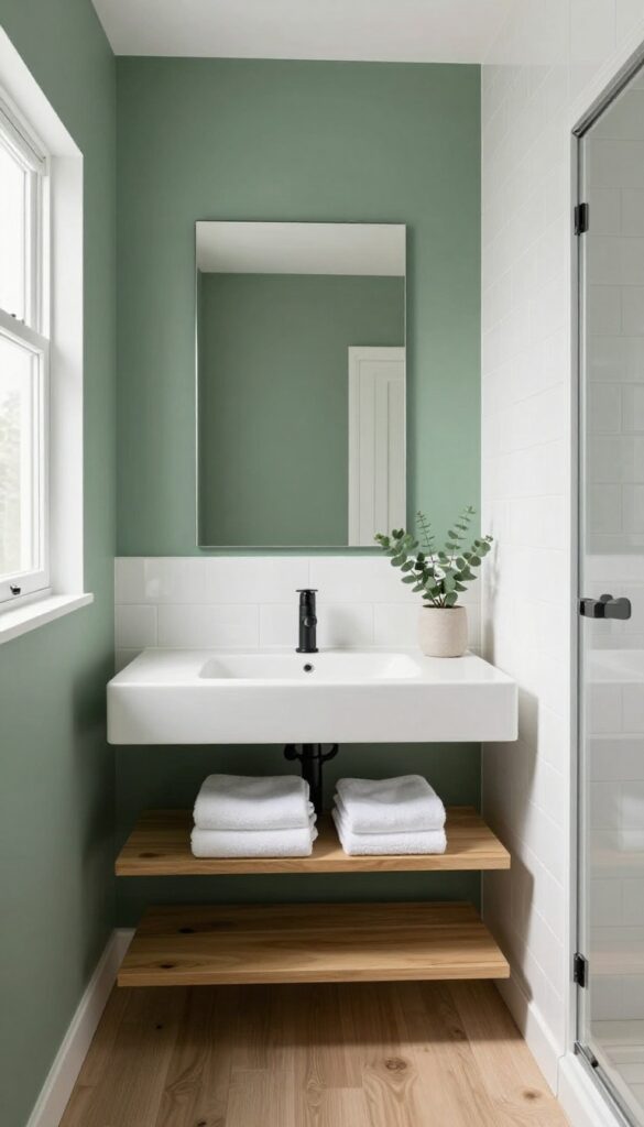 Small bathroom with deep forest green painted walls, a neutral vanity, matte black fixtures, white subway tile, and simple white towels in bright natural light