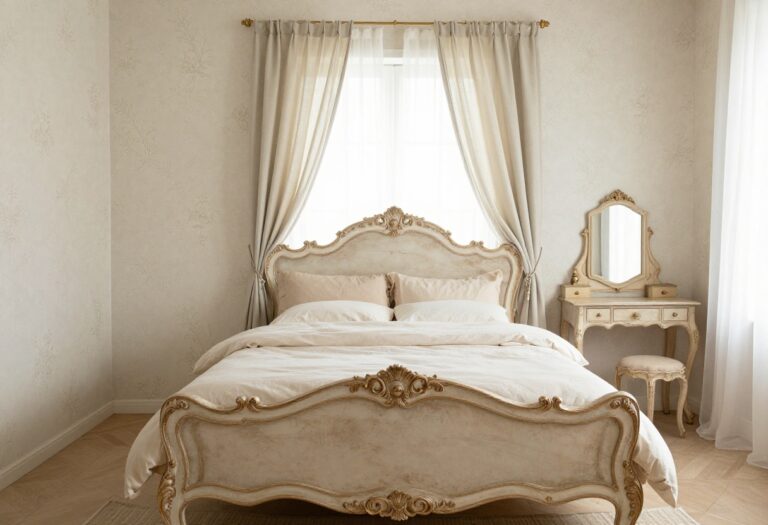 Bright vintage princess aesthetic bedroom with an ornate carved wood bed frame, soft ivory bedding, and elegant romantic decor in natural light