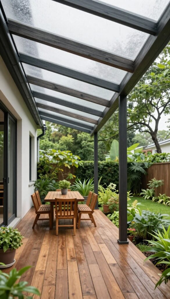 Modern covered deck with a translucent polycarbonate roof and dark wood framing, bright natural light diffusing through the panels onto comfortable outdoor furniture while rain drains away.