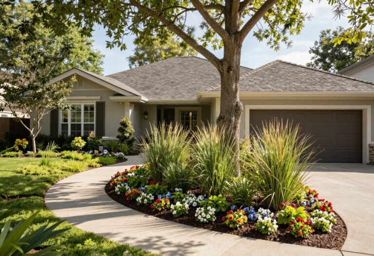 Bright front yard garden with layered flower beds along a walkway, a statement tree, and neatly mulched planting beds in natural morning light