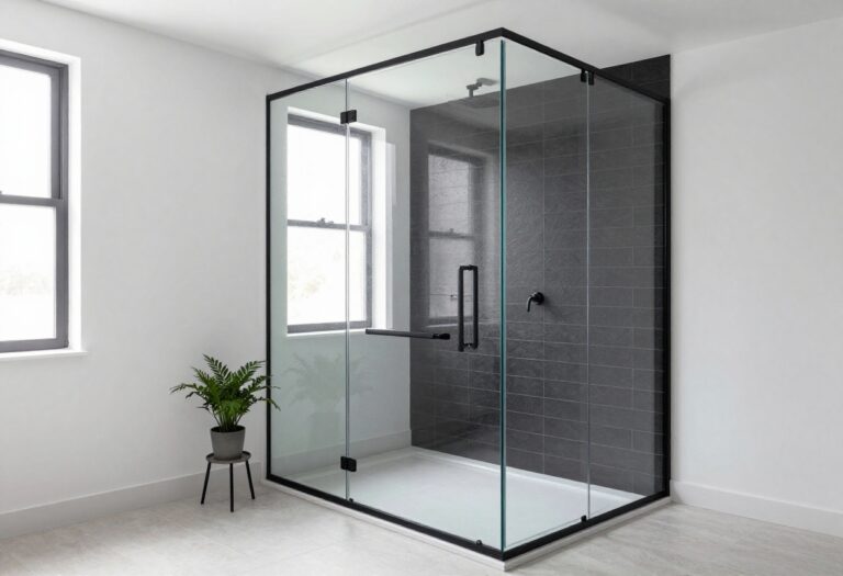 Modern walk-in shower with a matte black framed glass enclosure and a black tile accent wall in a bright bathroom