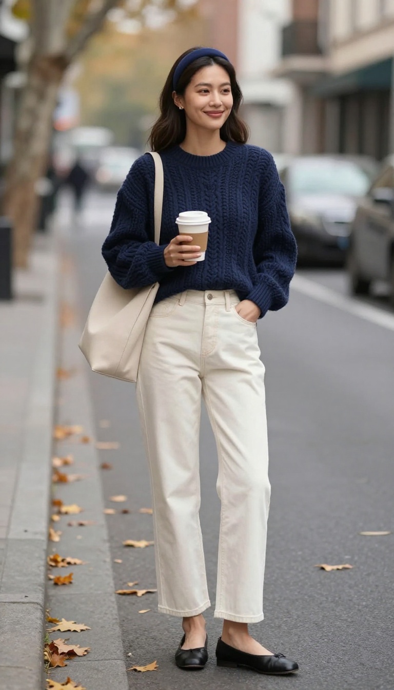 7. Preppy Style with a Cable Knit and Ballet Flats