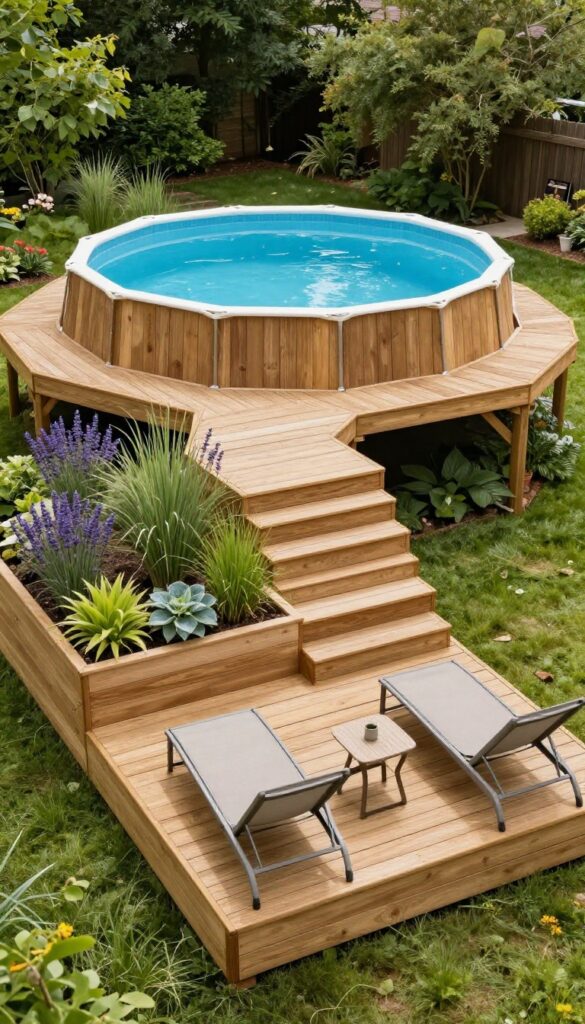 Bright backyard photo of a two-level wooden above ground pool deck with built-in planter boxes full of grasses, hostas, and lavender, plus lounge chairs on the lower platform