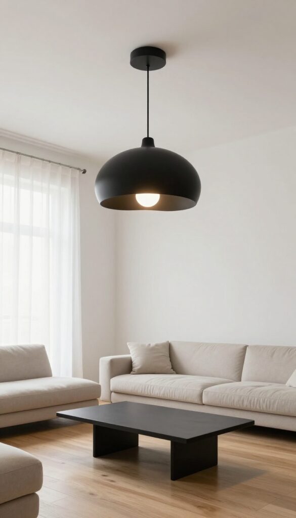 Neutral living room with a bold matte black statement pendant light centered above a low sofa, warm glow and bright natural light