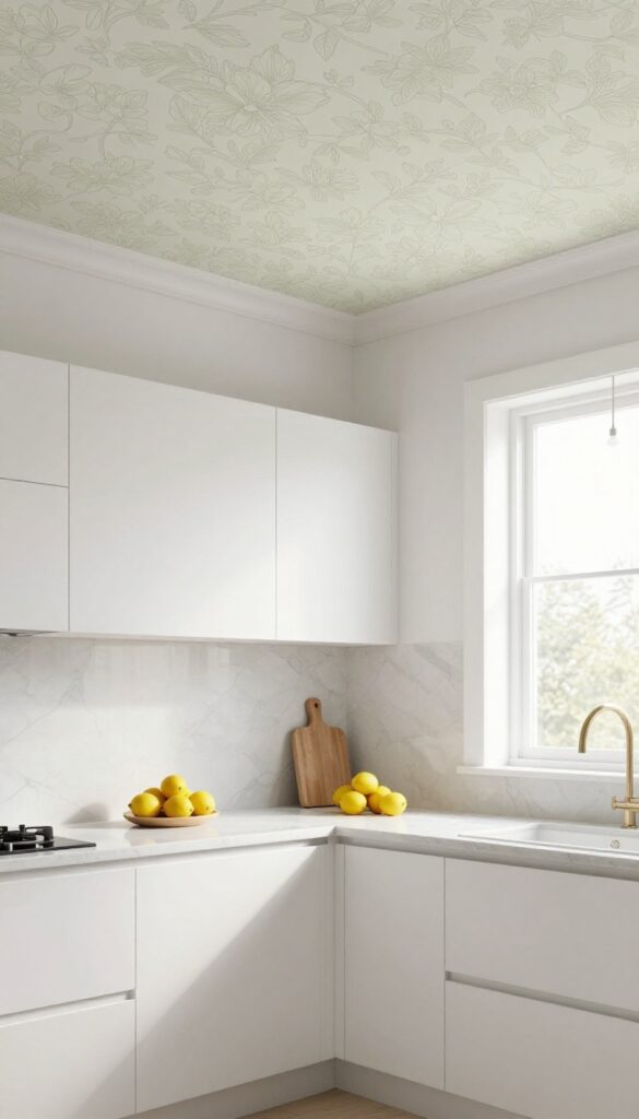 Bright kitchen with white cabinets and a softly patterned floral wallpapered ceiling, styled with simple pendant lights and natural daylight.