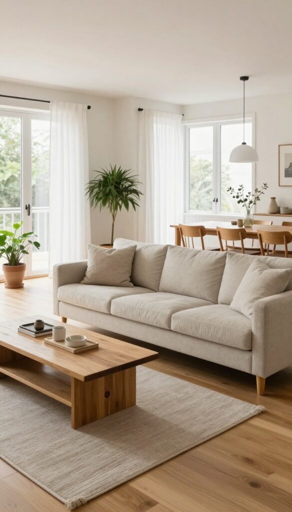 Bright open concept living room with one continuous light wood floor flowing seamlessly between the living and dining areas under natural daylight.