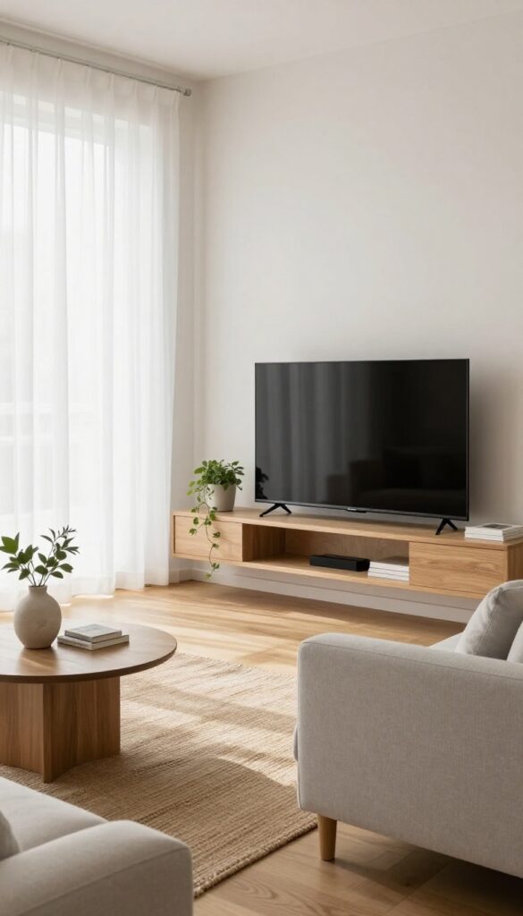 Small modern living room with a wall-mounted flat-screen TV above a slim floating shelf, leaving open floor space and a bright, uncluttered feel.