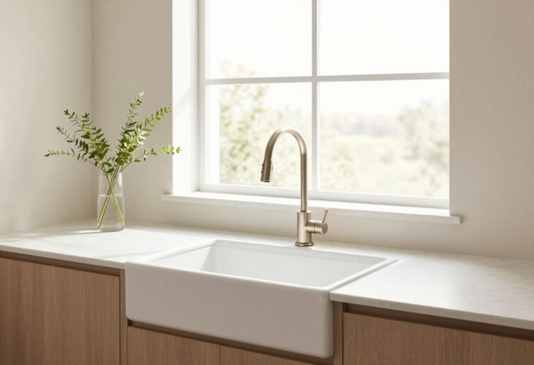 Bright modern kitchen featuring a white farmhouse apron-front sink with a tall faucet and clean quartz countertop