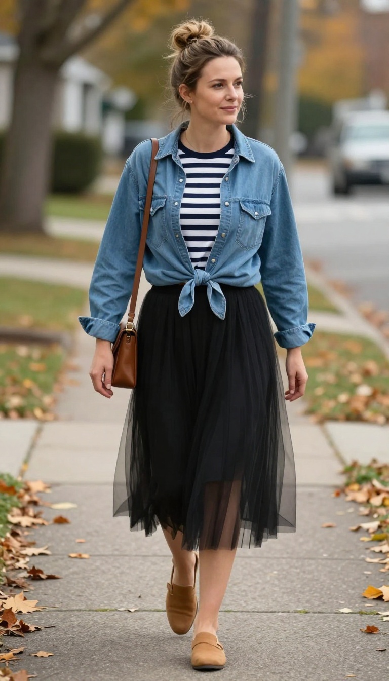 7. Striped Tee and Denim Shirt