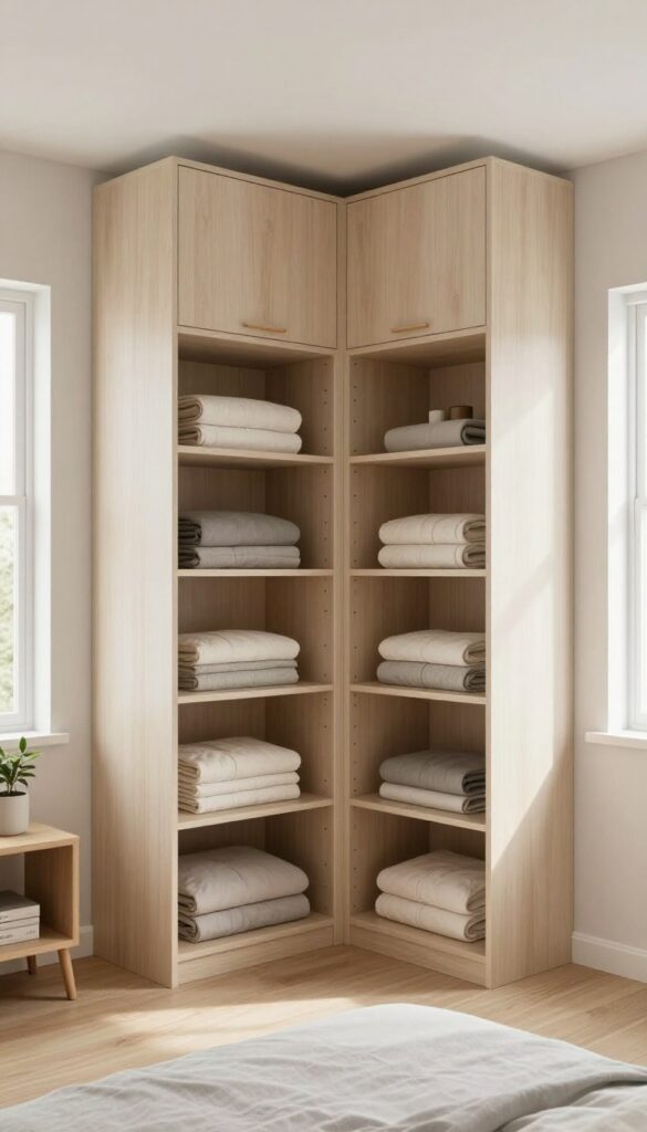 Bright small bedroom with an L-shaped corner wardrobe in light wood and white finishes, open shelving, and soft natural daylight.