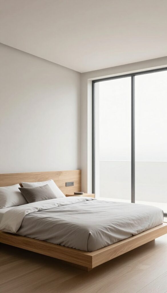 Bright modern bedroom with a low-profile wood platform bed, streamlined neutral bedding, and clean minimal styling in natural daylight