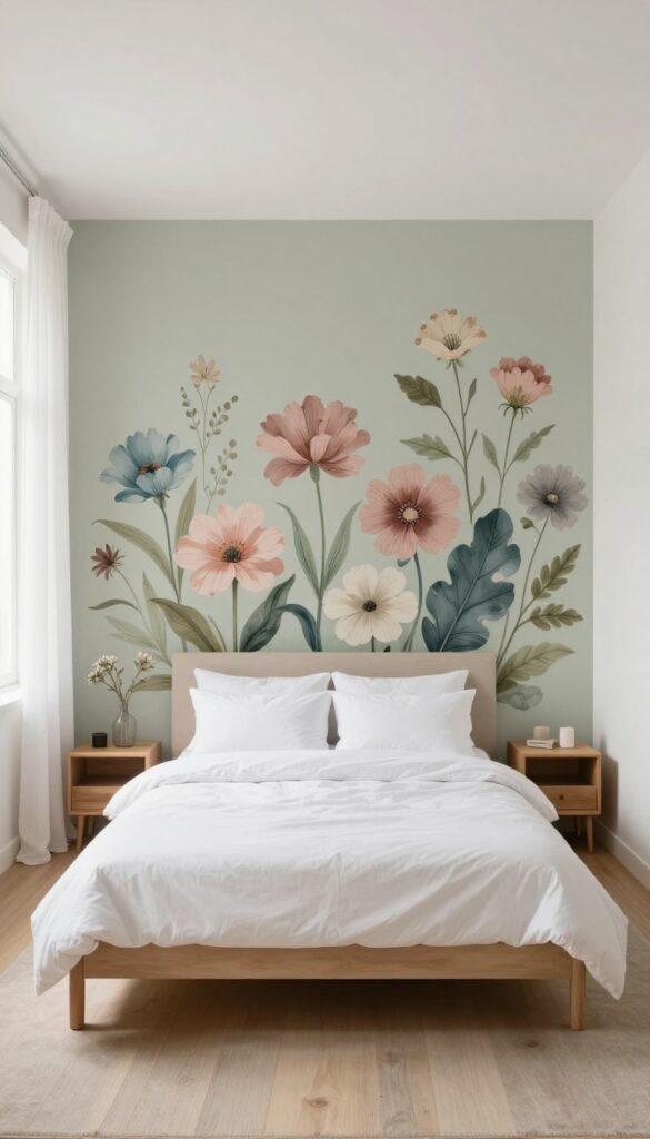 Bright bedroom with a large-scale floral accent wall behind a bed with white bedding, neutral surrounding walls, and soft natural light.