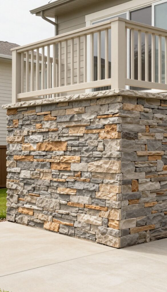 Backyard deck with lower supports covered in neutral gray and warm brown stone veneer skirting, contrasting with lighter deck railings in bright natural light.