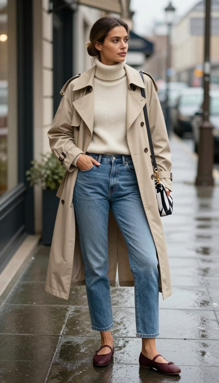 4. Mom Jeans with a Trench Coat and Ballet Flats for Rainy Days