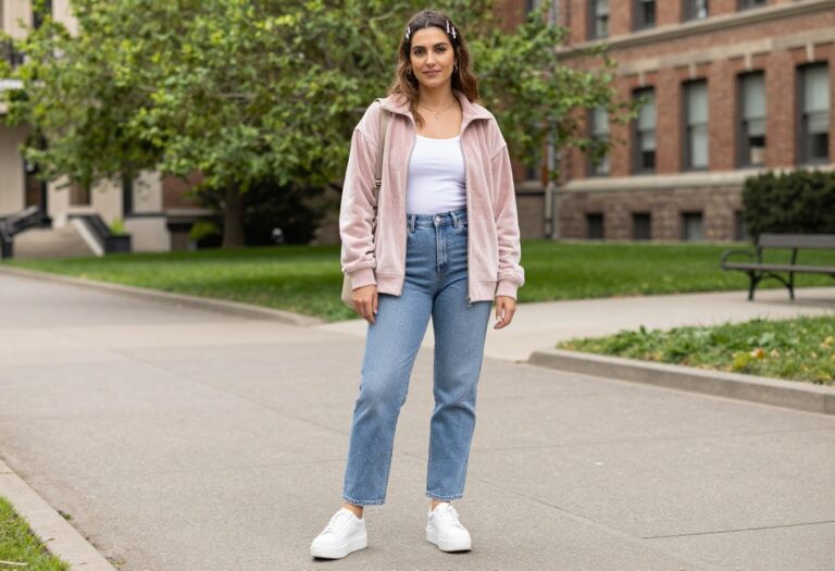 Woman in a pastel velour track jacket, white tank, straight-leg jeans, and platform sneakers standing on a school campus in a Y2K-inspired outfit.