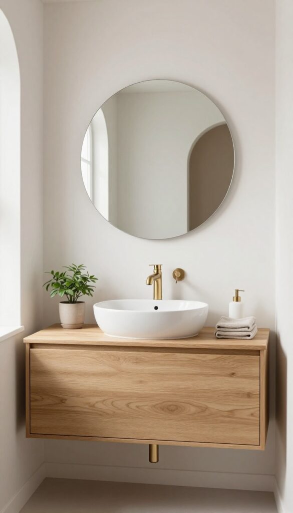 Bright modern bathroom with a hand-painted clay-colored arch mural framing a round mirror and floating wood vanity, styled with a plant and neutral towel in natural light.