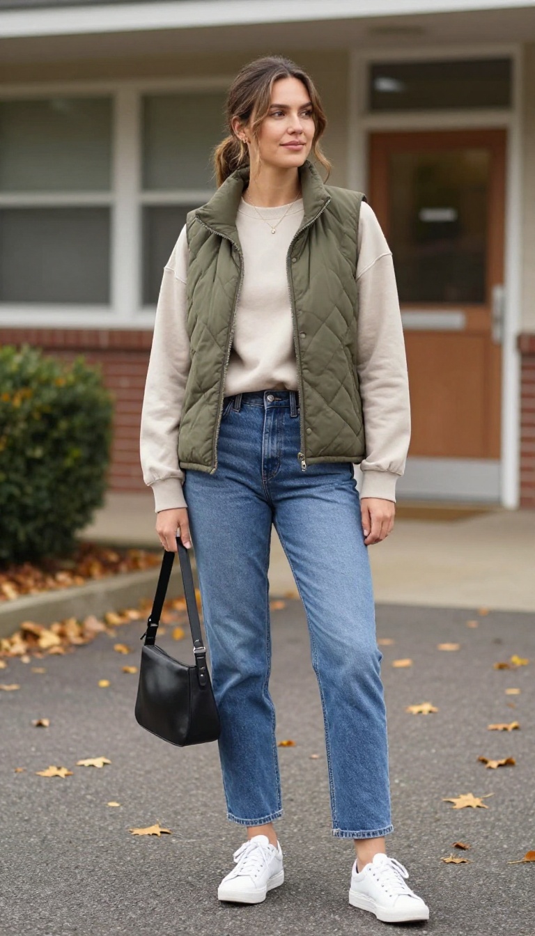 7. Quilted Vest Over a Sweatshirt and Straight Jeans