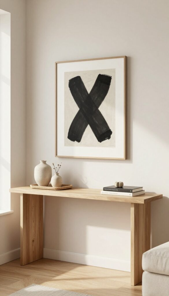 Bright living room corner with a narrow wood console table beneath a large framed abstract artwork, styled with a lamp, vase, stacked books, and a woven tray in natural light.