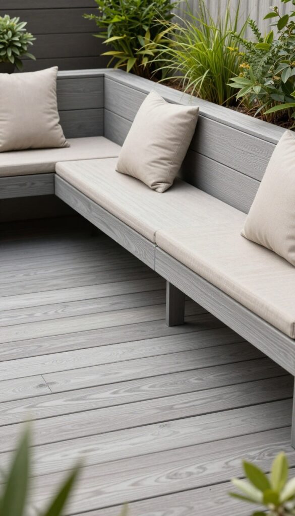 Modern composite deck with built-in L-shaped bench seating and neutral cushions in bright natural light