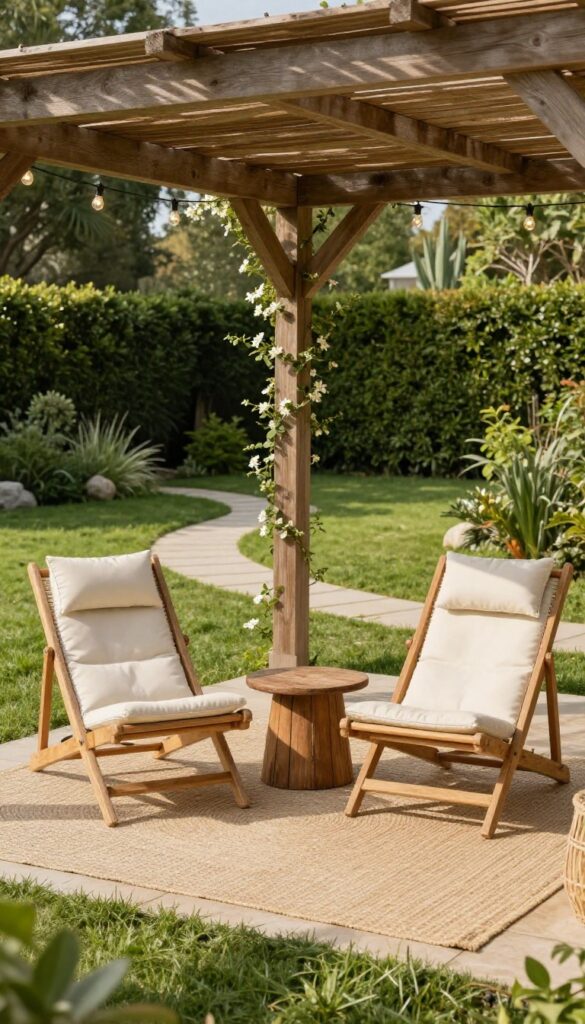 Cozy front yard seating area under a small wooden pergola with two lounge chairs, an outdoor rug, climbing vines, and string lights in bright natural light