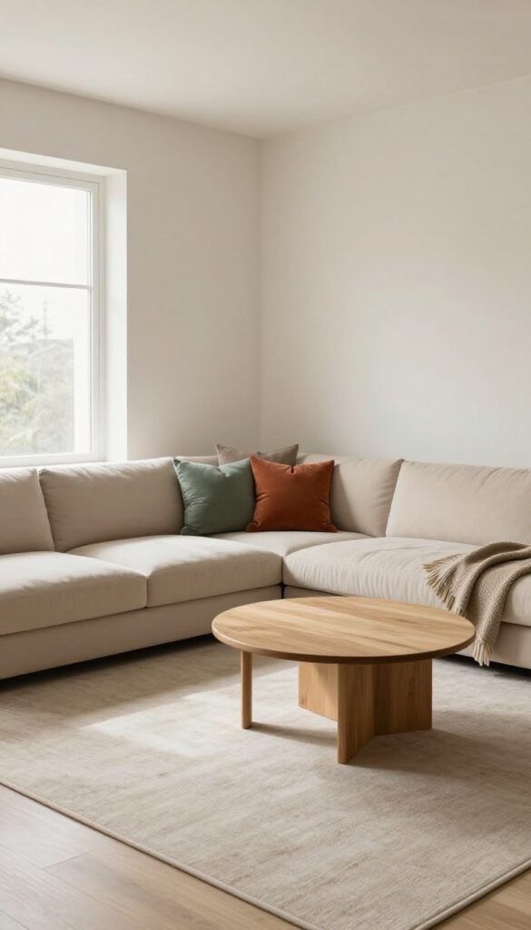 A bright living room with a neutral L-shaped sectional couch arranged along two walls, a round coffee table centered in the corner, and soft throw pillows adding color contrast.