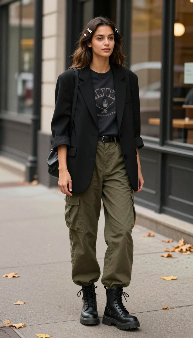 2. Baby Tee + Oversized Blazer + Baggy Cargo Pants