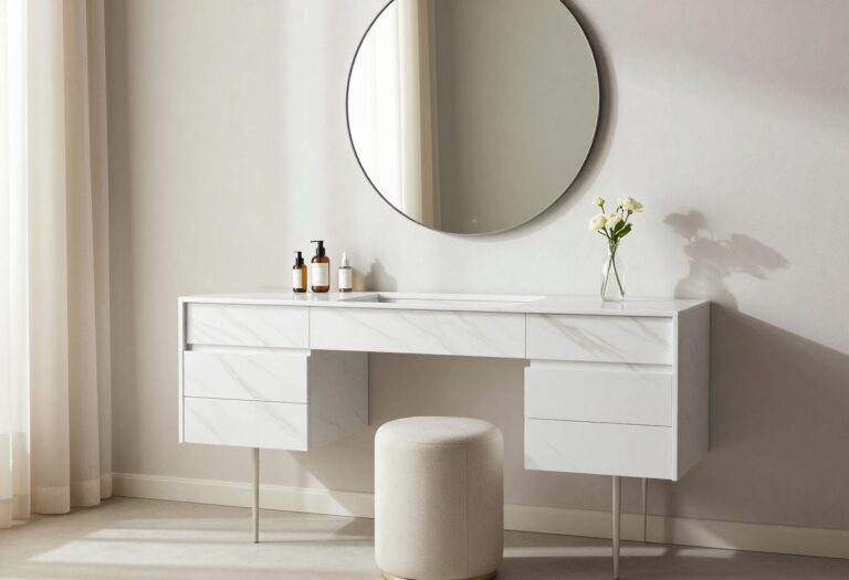 Modern luxury bedroom vanity with a floating white marble top, hidden handleless drawers, round mirror, and a soft upholstered stool in bright natural light