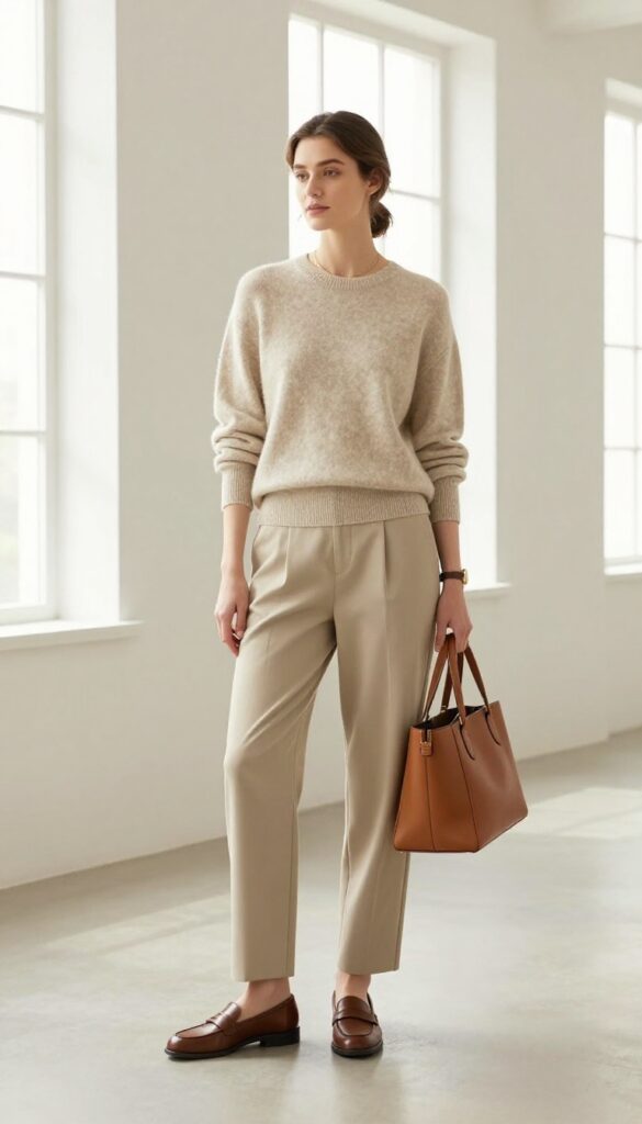 Woman in cashmere crewneck and tailored trousers, old money casual outfit