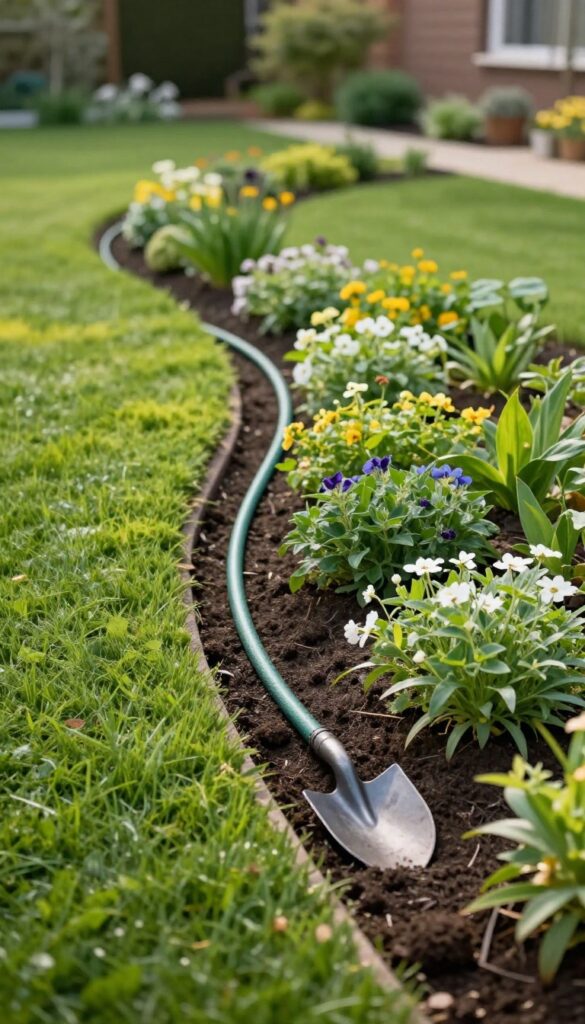 Curved garden bed border with a hose guide, layered plants, and a spade in a sunlit front yard