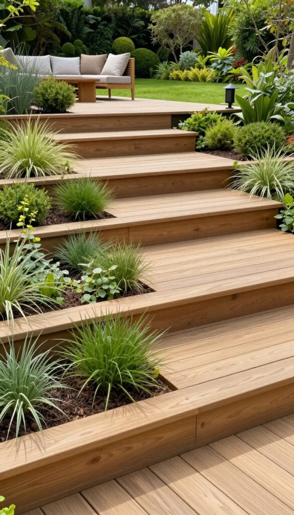 Multi-level wooden deck with garden beds between tiers, layered shrubs and trailing plants softening the steps, bright natural light, outdoor seating framed by greenery.