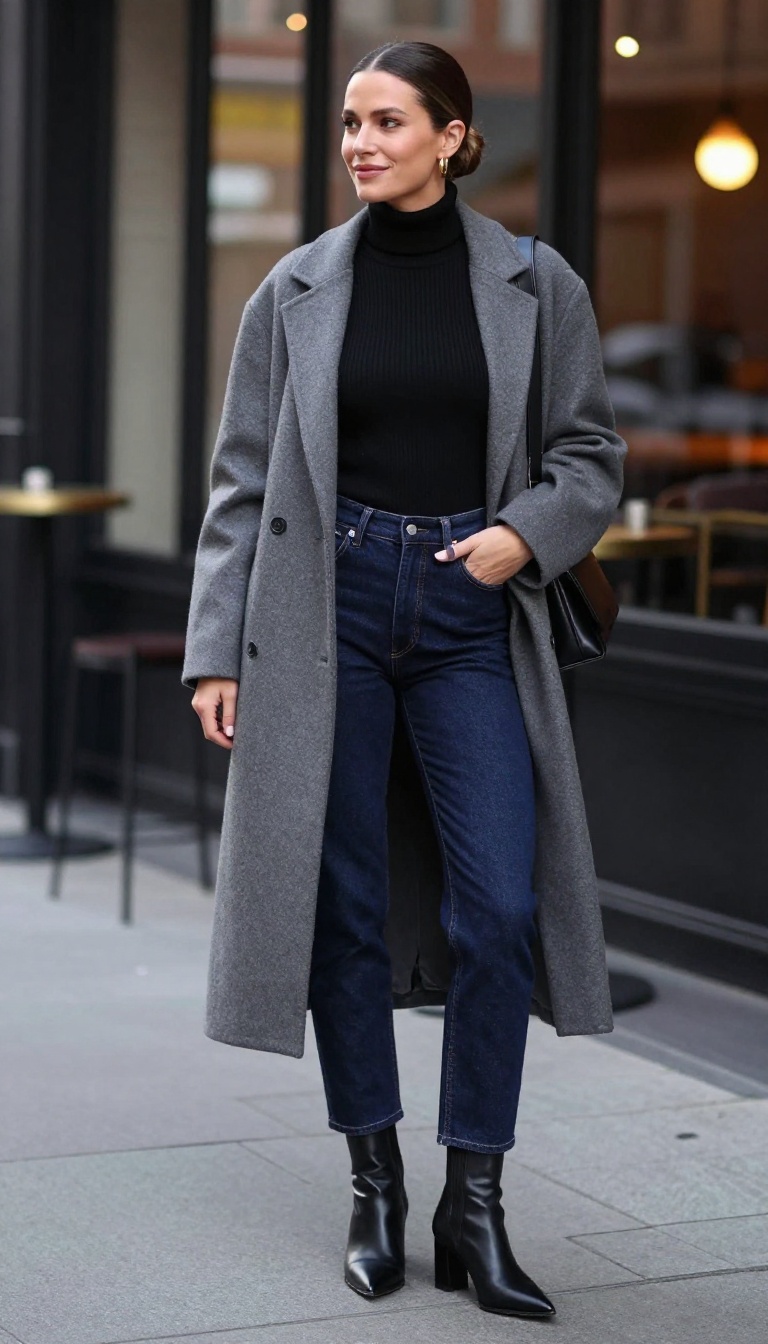 7. Turtleneck Bodysuit + Mom Jeans + Longline Coat