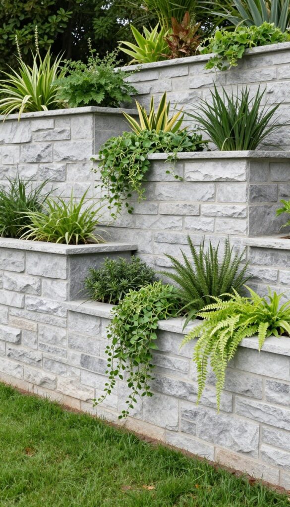 Front yard retaining wall with built-in planter boxes filled with layered greenery, combining trailing and upright drought-tolerant plants in bright natural light.