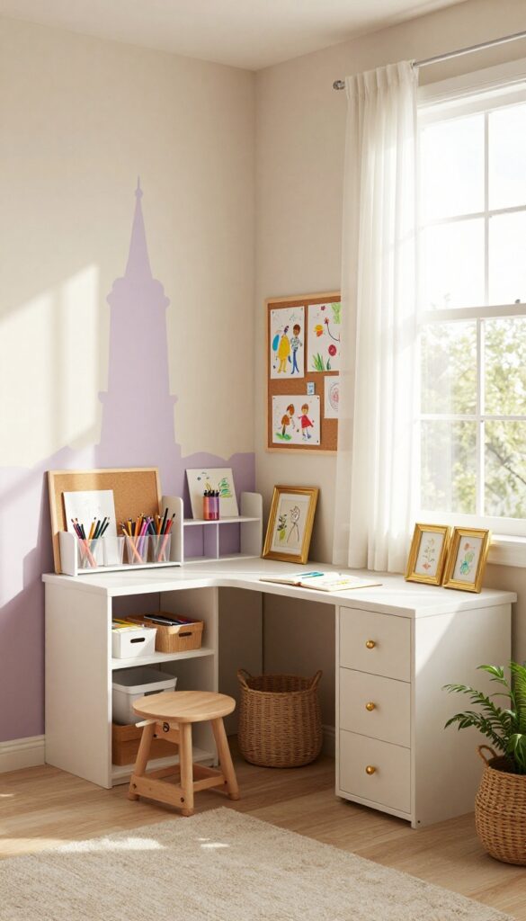 Bright Rapunzel-inspired kids' room with a lavender tower accent wall, small art desk, floating shelves of supplies, corkboard of drawings, and gold accents in warm natural light