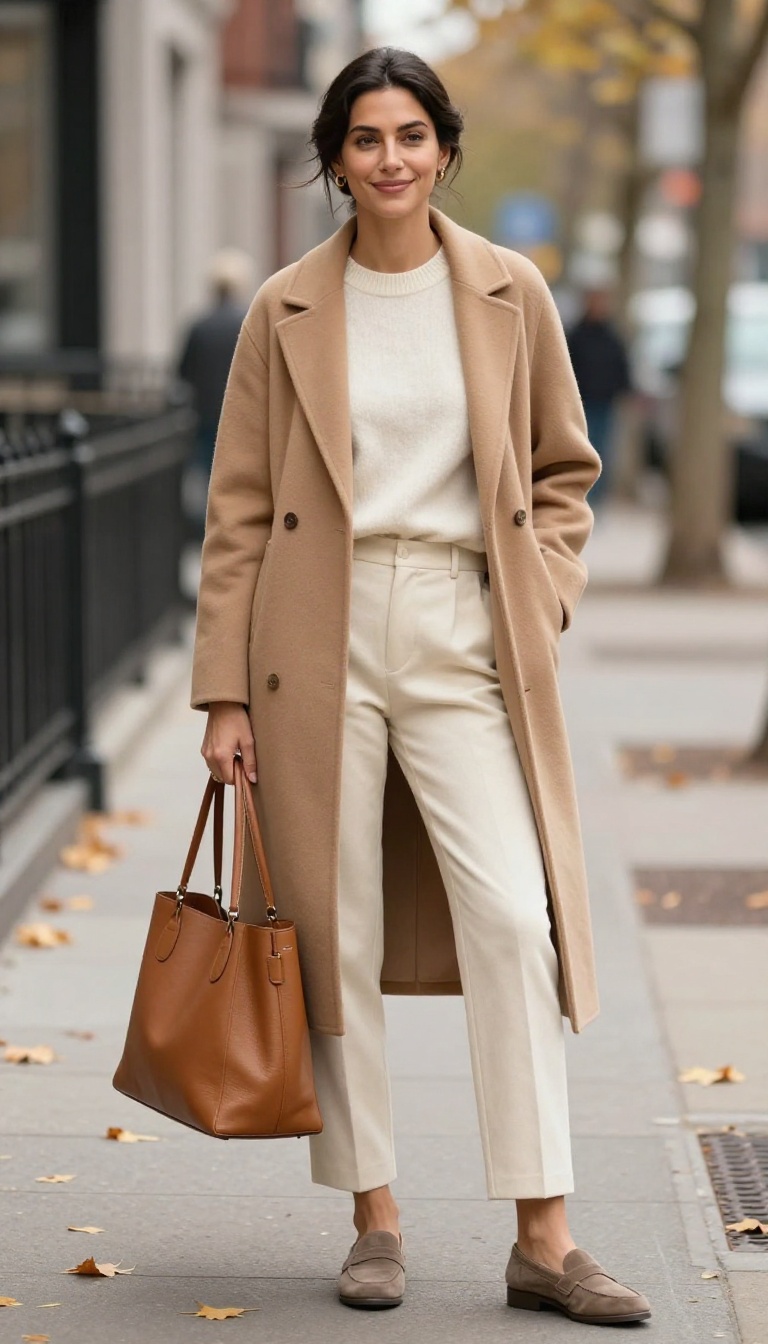 1. Camel Coat + Cream Knit + Tailored Trousers