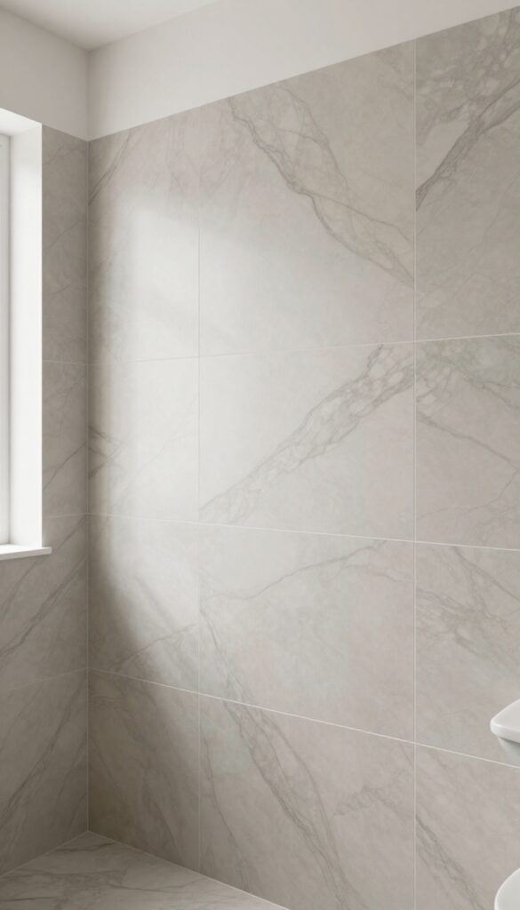 Bright bathroom wall with large-format marble-look porcelain tile featuring dramatic gray and beige veining and a matte satin finish.