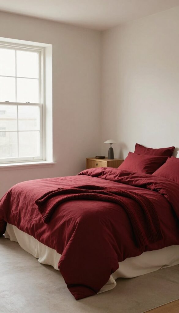 Cozy bedroom bed layered with a dark red quilt and a folded dark red knit throw over neutral cream bedding in bright natural light