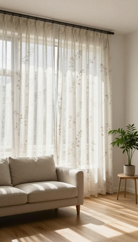 Bright living room with soft floral linen curtains filtering sunlight above a wide window, paired with a neutral sofa and light oak floor