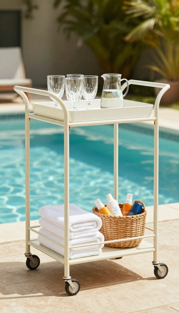 Stylish metal outdoor bar cart with a tray of drinks and organized towels on a sunny pool deck