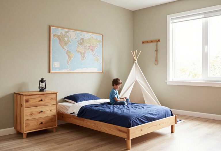 A bright, adventurous boys bedroom with a wooden bed, world map wall art, teepee tent reading nook, and rustic decor in natural light.