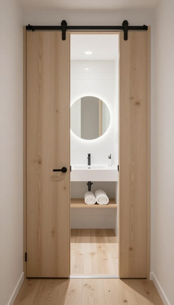 Bright tiny house bathroom with a surface-mounted sliding barn-style door on a black track, soft neutral finishes, natural light, and clean minimal styling.