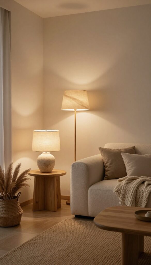 Organic modern living room glowing with soft layered lighting from a linen-shaded table lamp, an organic floor lamp, and a subtle wall sconce, highlighting natural wood, linen, and woven textures in warm neutral tones.