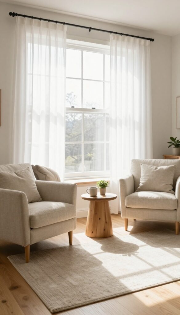 Bright living room sitting area with two light linen armchairs and a small wooden table beside a large sunlit window with sheer curtains
