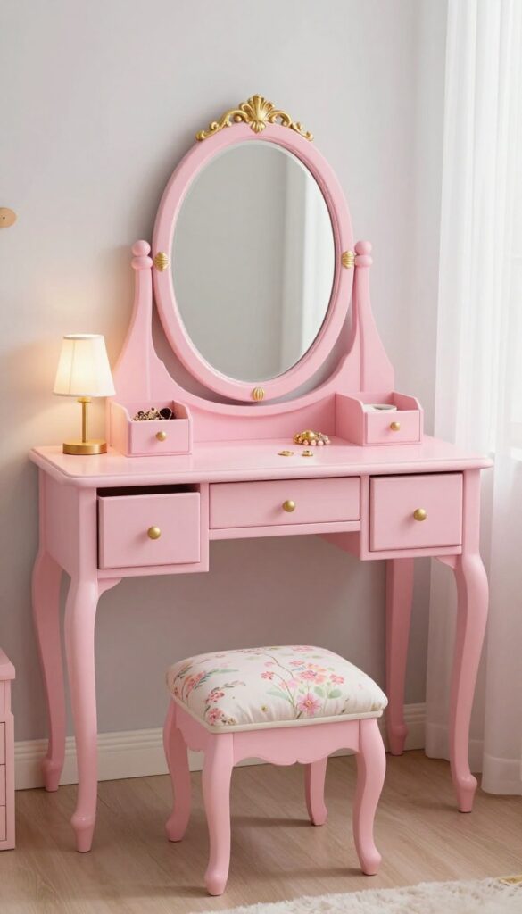 Glamorous princess vanity area in a bright kids bedroom with a small blush pink desk, child-safe mirror, cushioned stool, and organized accessories