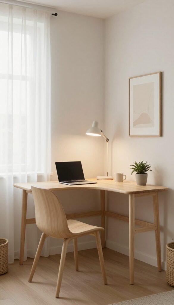 A slim L-shaped corner desk in a neutral wood finish fits snugly into a small bedroom corner, with a curved chair, task lamp, laptop, and plant, leaving the long wall free for storage and decor in bright natural light.
