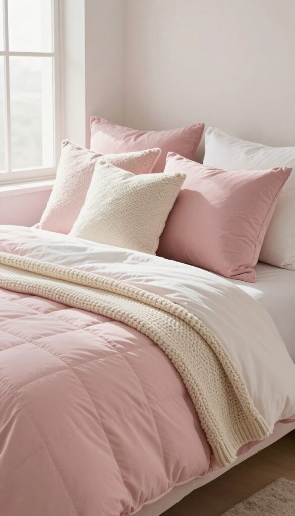 Layered pink bedding with a soft pink duvet, cream knit blanket, quilted throw, and mixed-fabric pillows on a bright, cozy bed in a princess-style bedroom.