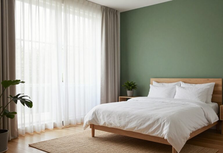 Bright bedroom with a forest green accent wall behind a bed with white bedding, natural light, plants, and light wood furniture