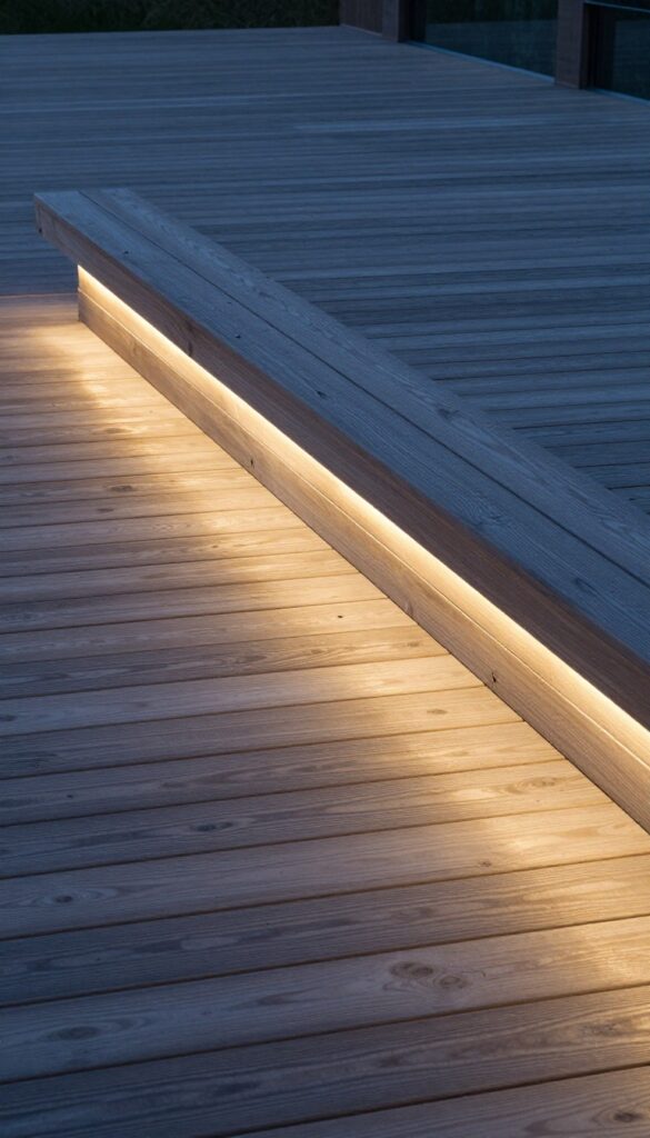 Modern deck with built-in bench seating illuminated by hidden warm LED strip lighting underneath, casting a soft glow across wooden floorboards at dusk.