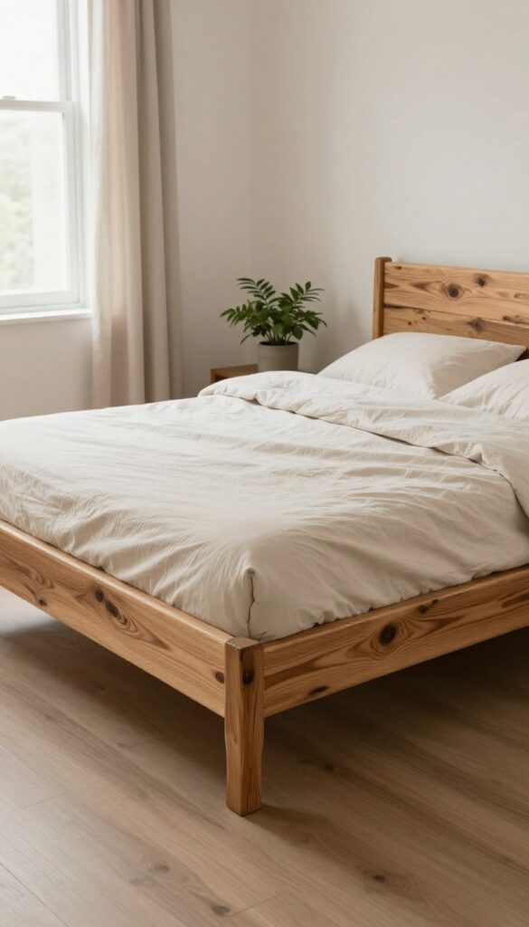 Cozy bedroom with a reclaimed wood bed frame made of salvaged barn wood planks, soft cream bedding, neutral walls, and a small green plant in bright natural light.