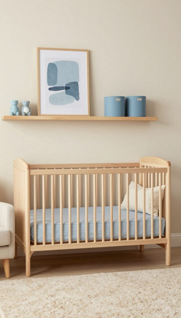 Cozy baby boy nursery with neutral walls and gentle blue accents in bedding, artwork, and storage bins